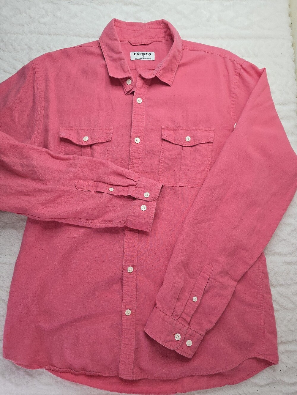 Express Linen Blend Button Up Shirt Pink Long Roll Tab Sleeve Pockets Coastal L